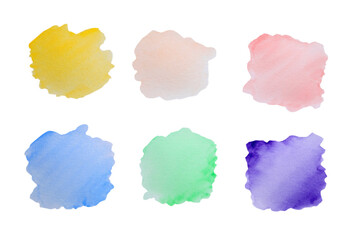 Painted watercolor samples on white background, top view