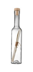 Corked glass bottle with rolled letter isolated on white