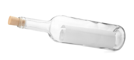 Corked glass bottle with rolled letter in air isolated on white