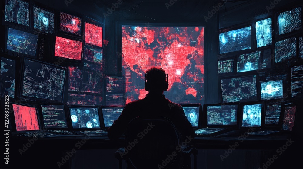 Poster a cybersecurity expert in a dark room filled with glowing screens, monitoring global hacking attempt