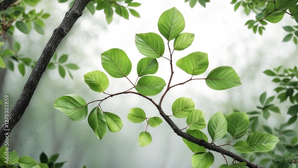 Poster fresh green leaves and branches in soft focus with natural background and space for text or design e