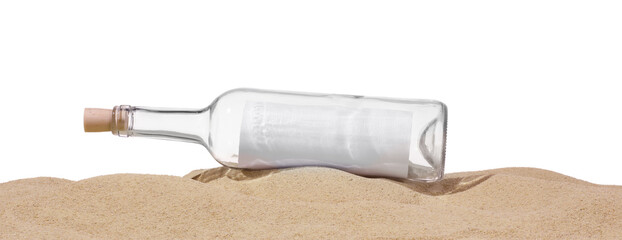 Rolled letter in corked glass bottle on sand against white background
