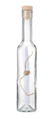 Corked glass bottle with rolled letter isolated on white