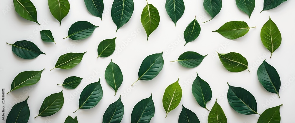 Aufkleber scattered green leaves on bright white background with space for text and design elements in a flat 