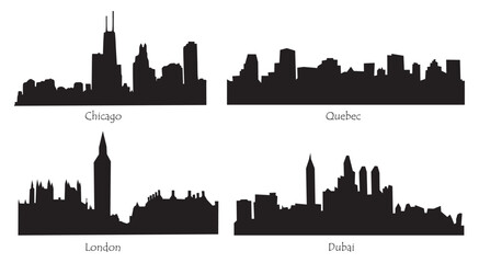 Naklejka premium Skyline black silhouettes of different cities, Dubai, London, Quebec, Chicago. Flat vector illustrations isolated on transparent background