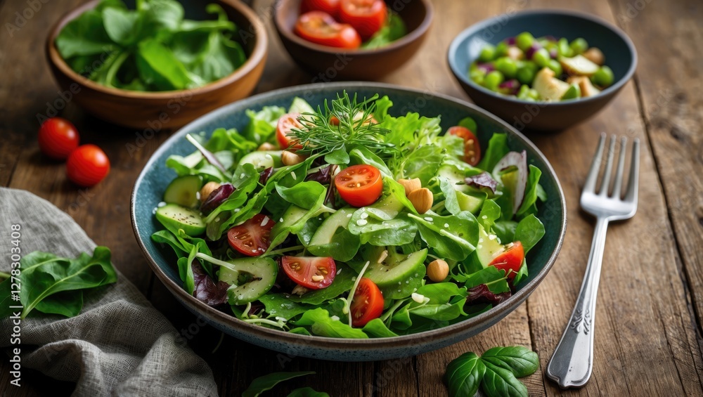 Poster fresh green oak salad with cherry tomatoes and cucumber in a rustic setting healthy eating concept w