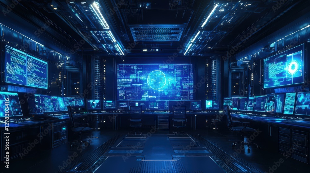 Poster a dark laboratory lit by glowing blue computer screens, where cybersecurity experts are testing ai-p