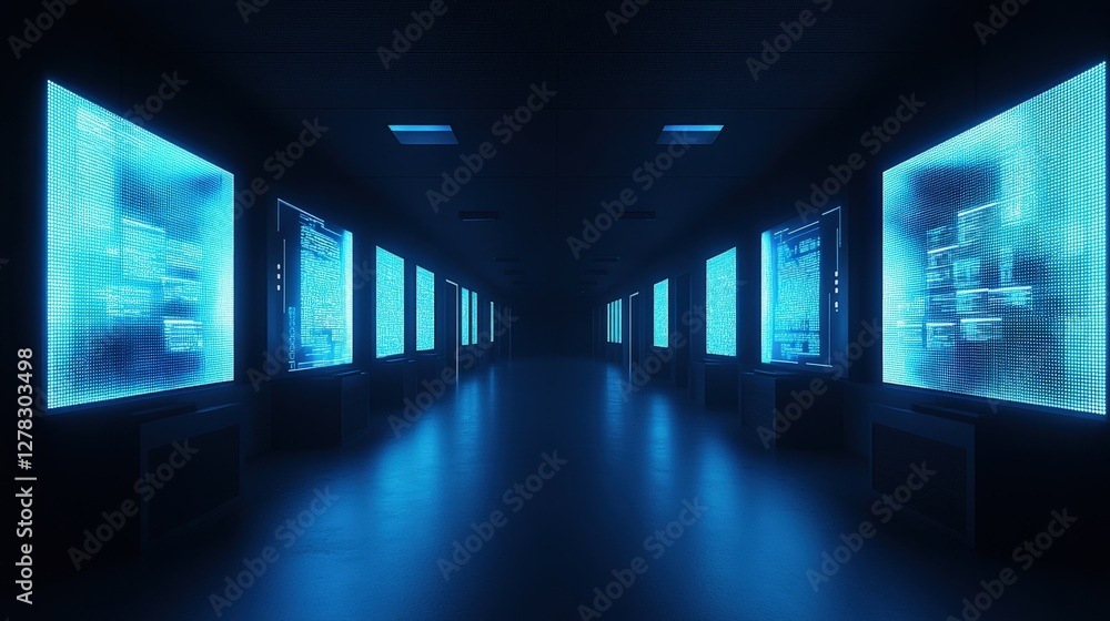 Poster a dark laboratory lit by glowing blue computer screens, where cybersecurity experts are testing ai-p