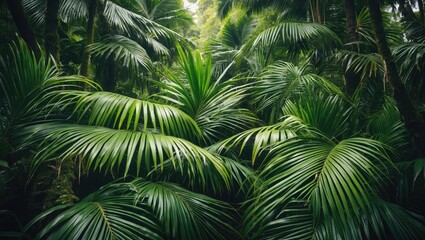 Lush Green Palm Leaves Surrounded by Dense Rainforest Vegetation in a Tropical Setting