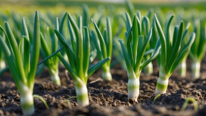 Fototapeta premium Green onion sprouts growing in rich soil on an agricultural field captured with shallow depth of field showcasing vibrant freshness.