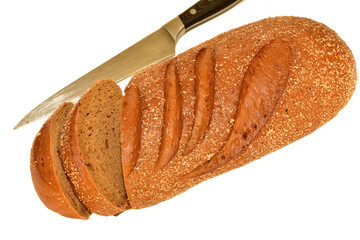 Coarse grain bread and knife on white background.
