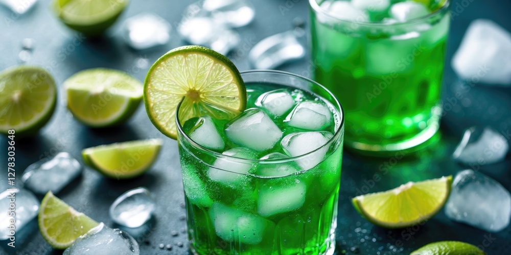 Poster refreshing green soda with ice and lime slices served in glasses on a dark surface surrounded by lim