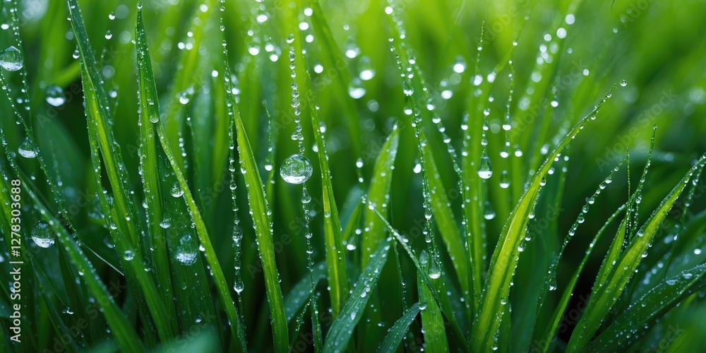 Poster fresh green grass with morning dew drops and empty space for text overlay