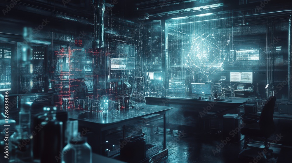 Poster a dark quantum physics lab where researchers are studying quantum entanglement using highly sensitiv