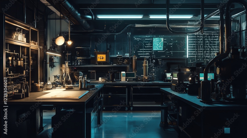 Poster a dark quantum physics lab where researchers are studying quantum entanglement using highly sensitiv