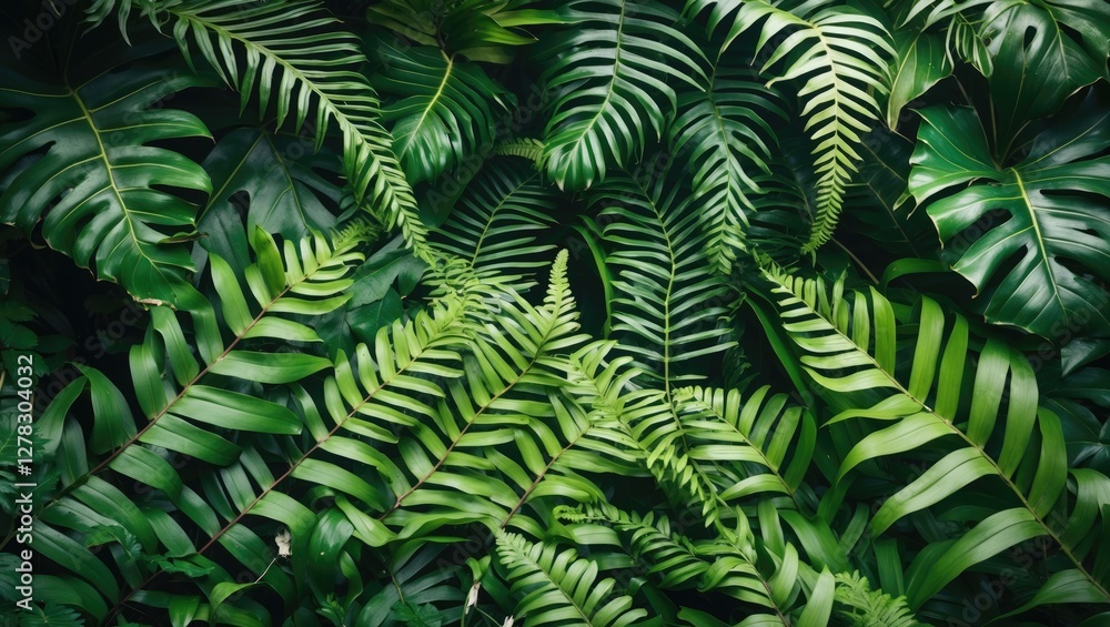 Poster lush green tropical ferns creating a natural background with diverse textures and rich leaf patterns