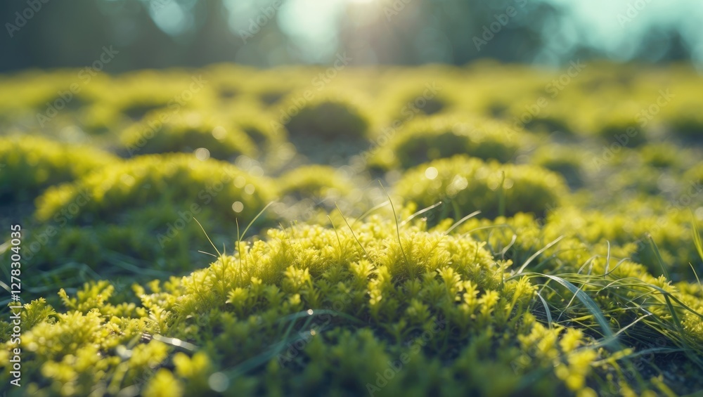 Aufkleber close up of vibrant green moss and grass in soft focus under summer sunlight with copy space for tex