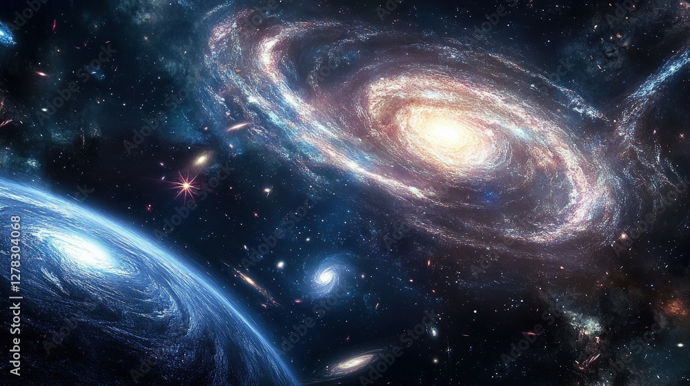 Poster a deep space view showing the vastness of the universe with multiple galaxies, nebulae, and star clu