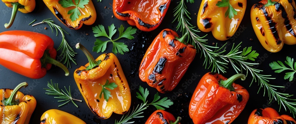 Poster grilled colorful bell peppers garnished with rosemary and parsley on dark surface with empty space f