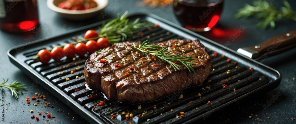 Poster Grilled Beef Steak With Spices On Pan Surrounded By Cherry Tomatoes And Red Wine For Culinary Enthusiasts With Blank Space For Text