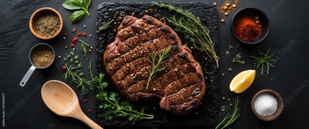 Poster grilled beef steak surrounded by fresh herbs and spices with empty space for text overhead view on d