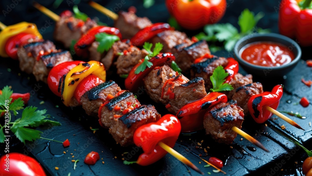 Poster grilled meat kebabs with spicy chorizo and colorful peppers on skewers with tomato garnish and empty