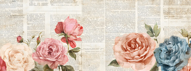 Vintage floral newspaper texture background, with peonies and roses
