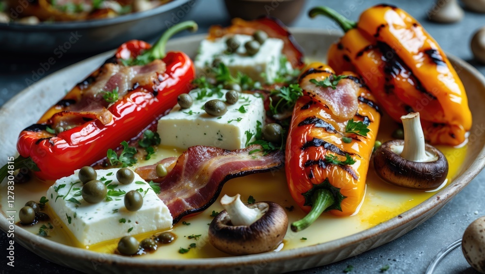 Aufkleber grilled peppers stuffed with feta and bacon garnished with capers and mushrooms on a rustic plate wi