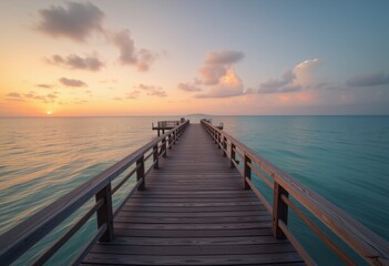 Fototapeta premium Wooden pier extending into turquoise ocean waters with sunset sky creating serene seascape