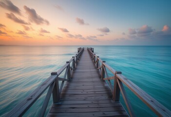 Obraz premium Wooden pier leading to clear blue ocean waters with sunset sky offering tranquil view