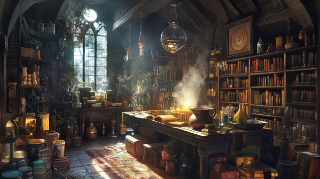 Alchemist laboratory, witch or wizard room with magic potions, books and cauldron. Magician alchemical lab interior with wooden furniture, flasks and plants on shelves, vector cartoon illustration