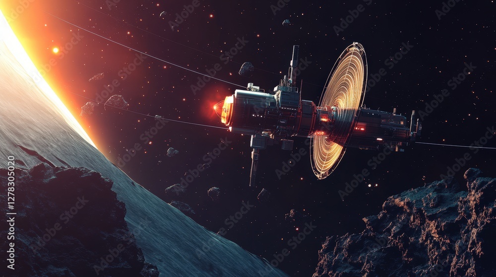 Poster a deep-space research facility where scientists analyze data from an interstellar probe exploring th