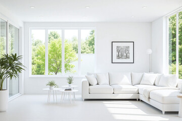 Modern living room window view greenery white sofa side tables