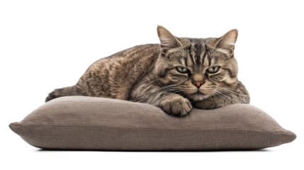 Gray tabby cat looking upset lying on sofa pillow indoors isolated on white background