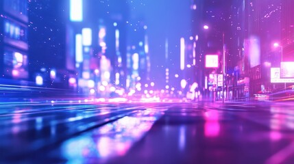 A vibrant cityscape at night with neon lights reflecting on wet pavement, creating a dynamic and futuristic atmosphere.