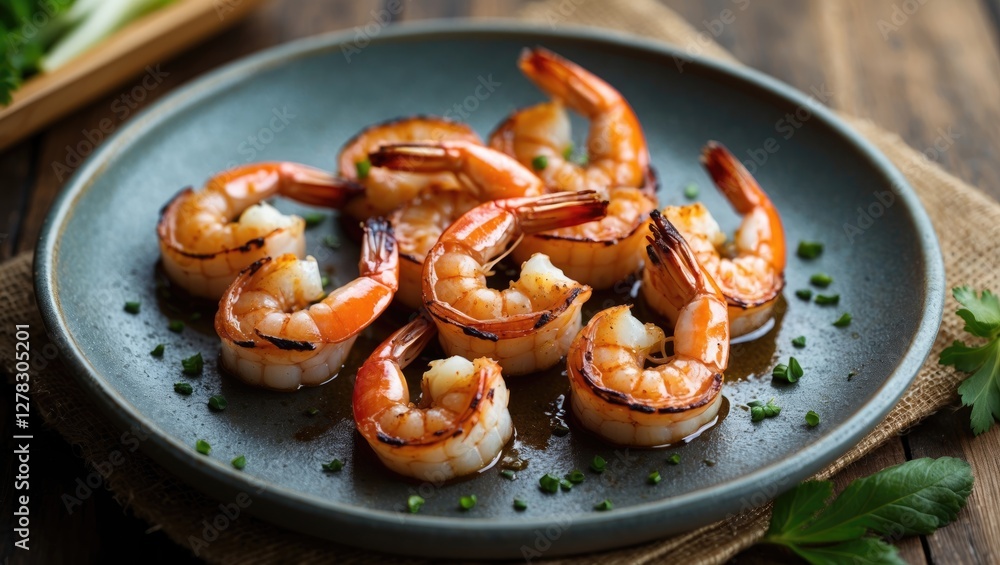 Poster grilled shrimp platter on rustic plate with fresh herbs and empty space for text promotional use