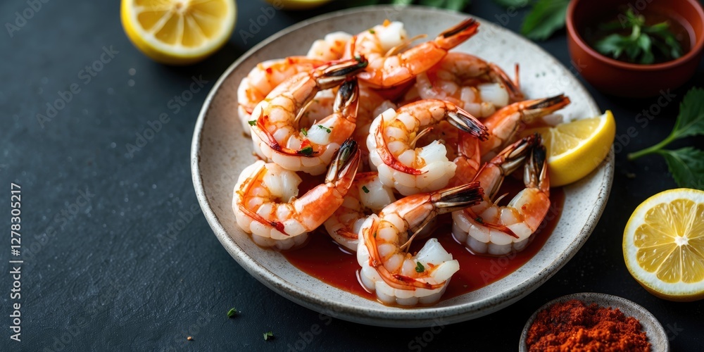 Poster grilled shrimp dish garnished with lemon and paprika served on a dark background with space for addi