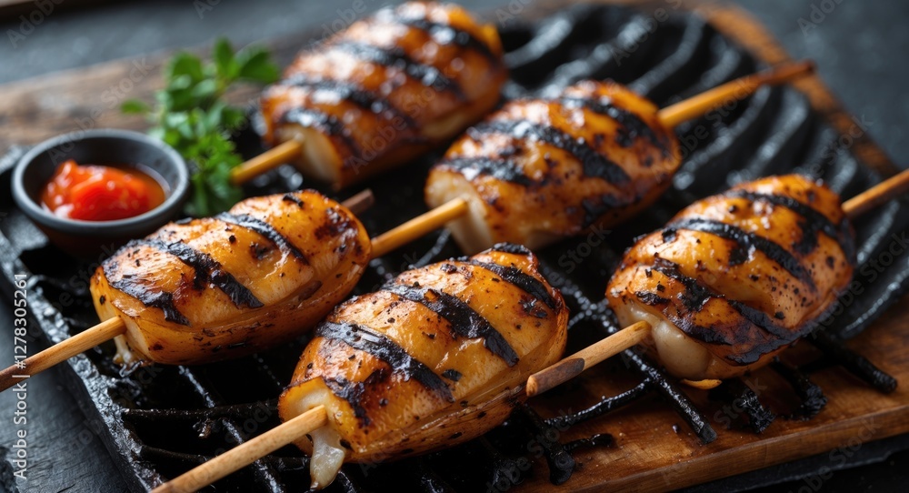 Poster grilled spotted babylon skewers with charred lines and garnish on a grill plate with space for text 