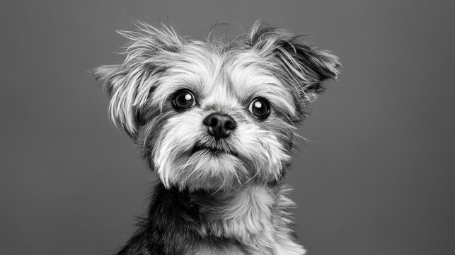 A charming small dog with a fluffy gray and white coat, striking a thoughtful pose against a soft gray background.