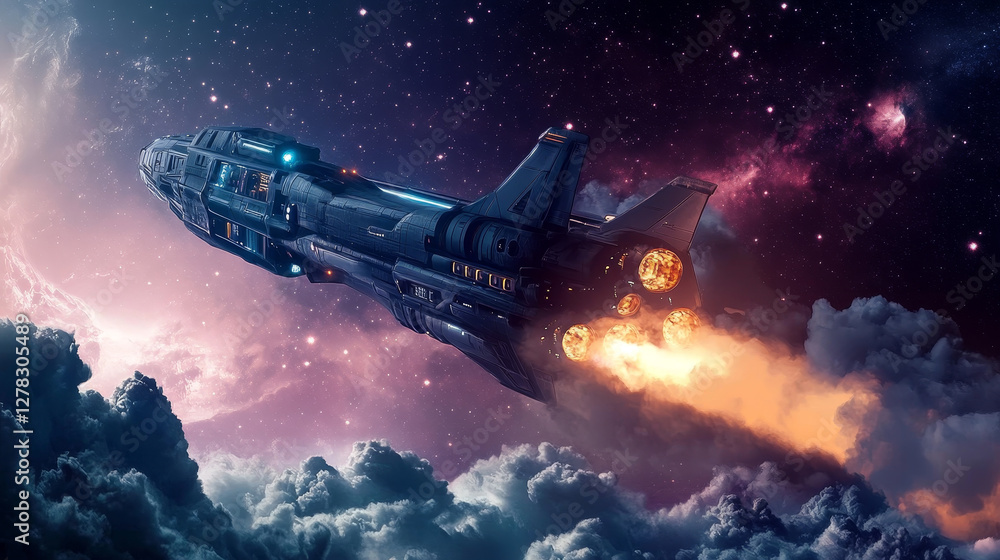 Poster rocket launch. futuristic spaceship flying up from planet with smoke clouds on background of night s