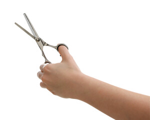 Woman with scissors for pet grooming on white background, closeup