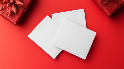 Blank greeting cards placed on a vibrant red background alongside shiny holiday gift boxes for festive season customization