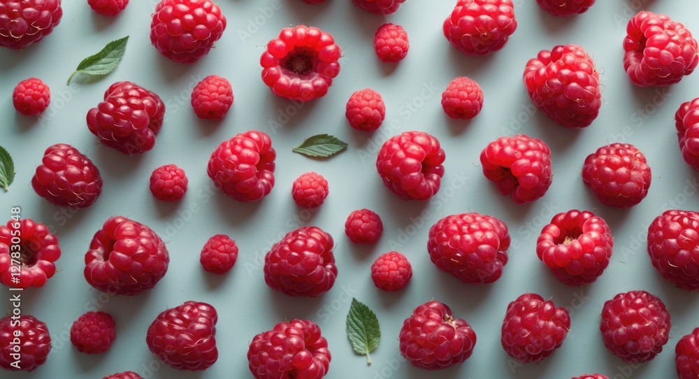 Poster vibrant red raspberries arranged beautifully on a light background creating an eye-catching pattern 