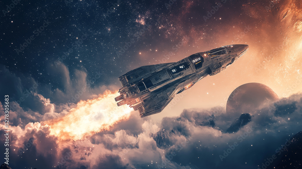 Poster rocket launch. futuristic spaceship flying up from planet with smoke clouds on background of night s