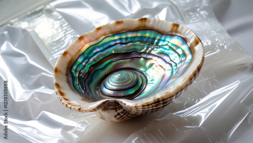 Poster abalone shell with iridescent interior displayed on a shiny plastic background showcasing natural be