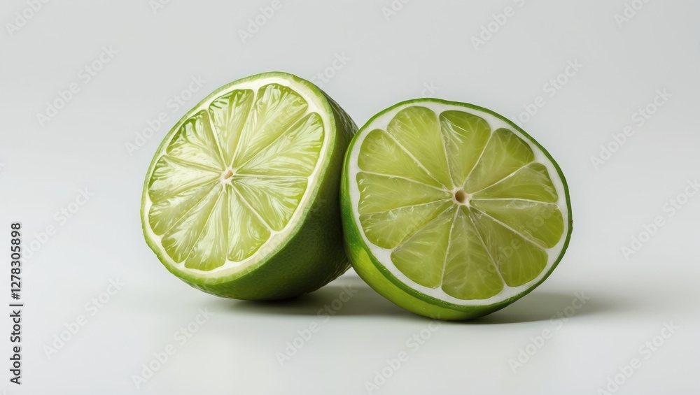 Poster freshly sliced lime halves isolated on white background with copy space for text healthy citrus frui
