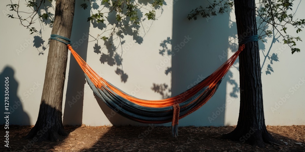 Poster hammock suspended between two trees with soft shadows and ample blank space for custom text or messa