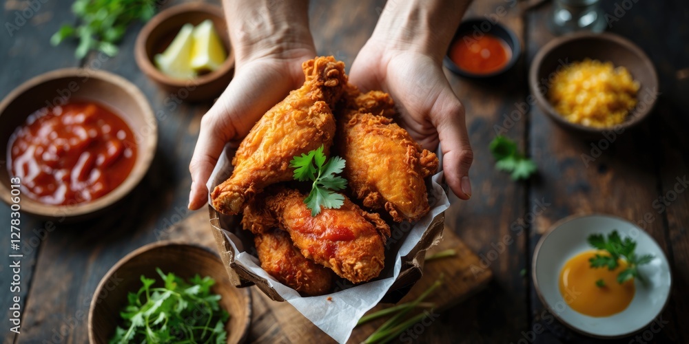 Poster delicious crispy fried chicken wings held over a rustic table with accompaniments and empty space fo