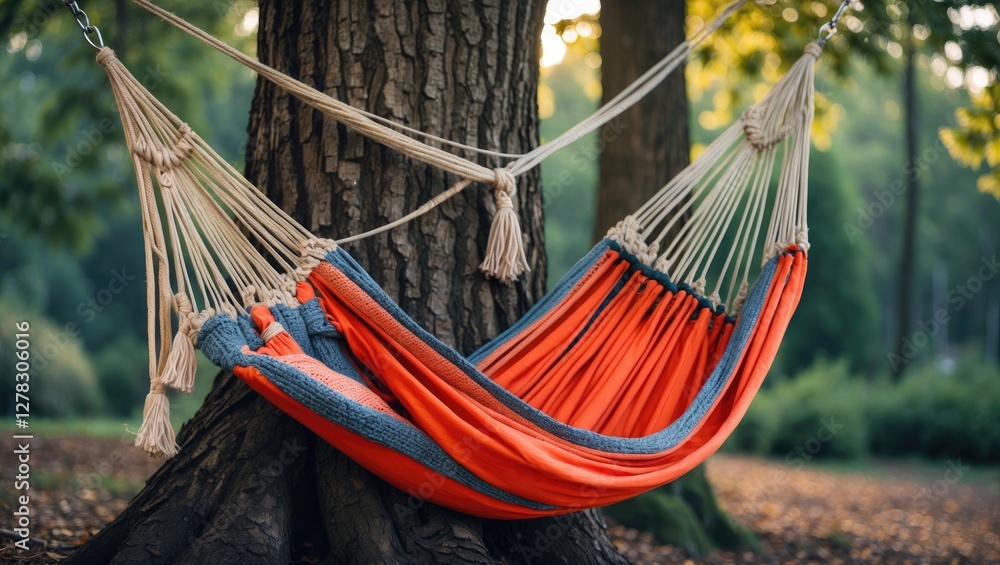 Poster hammock suspended between trees with colorful straps on a tranquil nature background