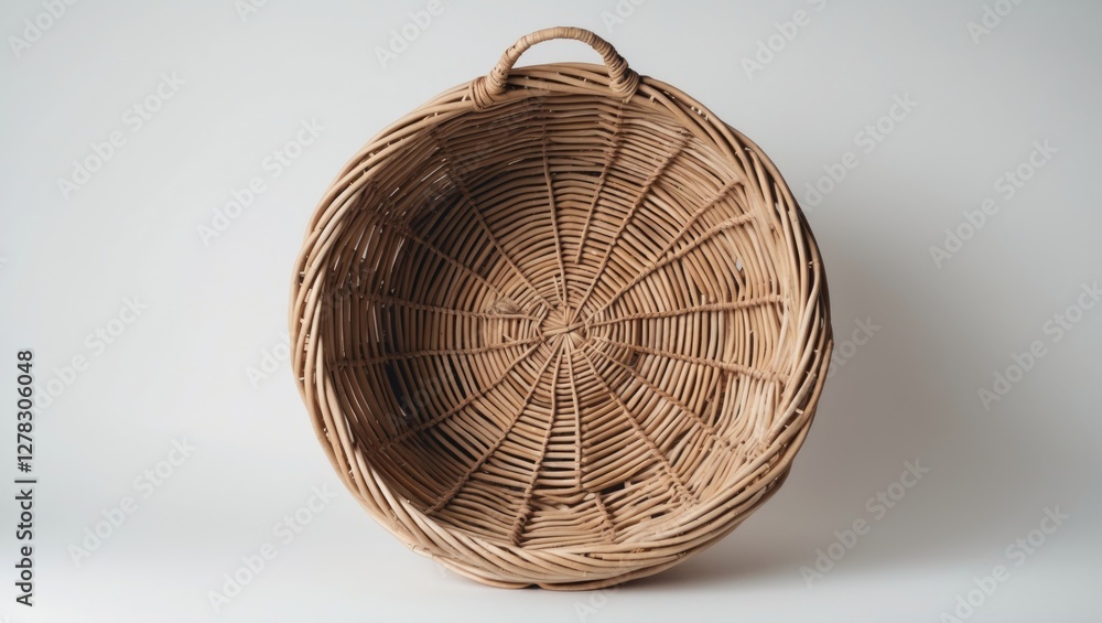 Poster handmade wicker basket with circular design isolated on white background for home decor and storage 